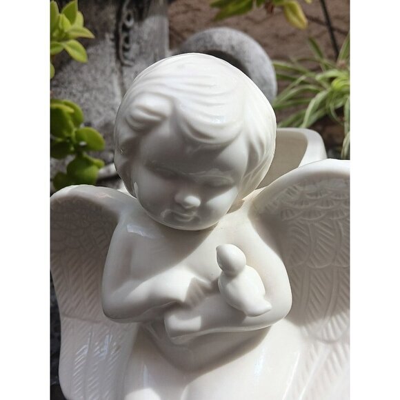 Vintage ANGEL WITH BIRD Ceramic Planter Garden Decor Art Cherub - Picture 2 of 10
